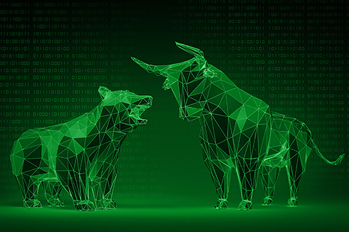 Holographic glowing green bull and bear