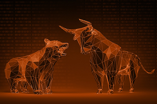 Holographic glowing orange bull and bear