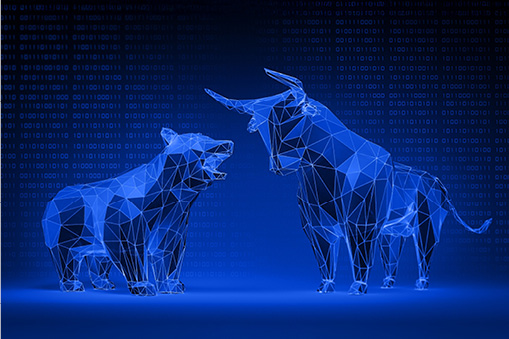 Holographic glowing blue bull and bear
