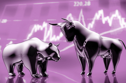 Metal bull and bear on pink background with chart