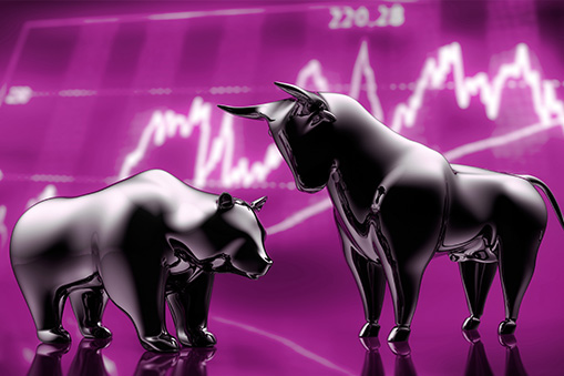 Metal bull and bear on purple background with chart