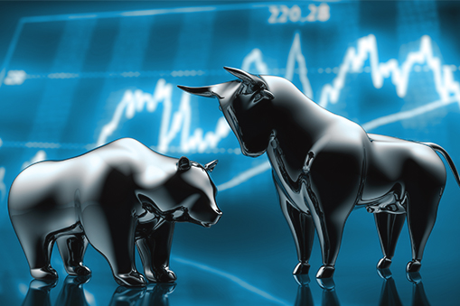 Metal bull and bear on blue background with chart