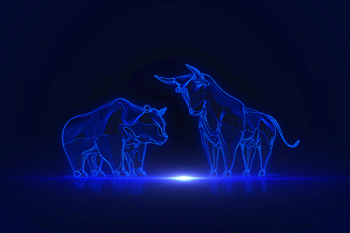 Blue outline of bull and bear against a black background