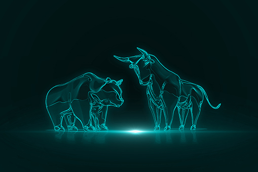 Aquamarine outline of bull and bear against a black background