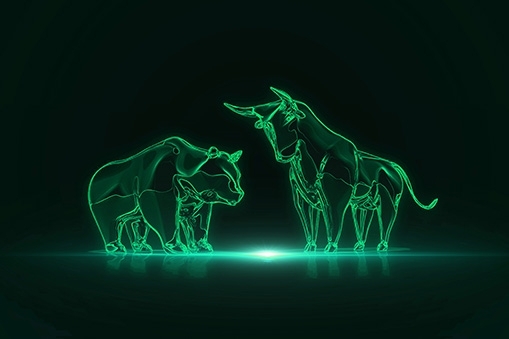 Green outline of bull and bear against a black background