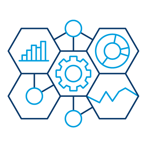 Blue outline icon showing interconnected hexagons containing a bar chart, circular chart, gear, line graph and linked nodes.
