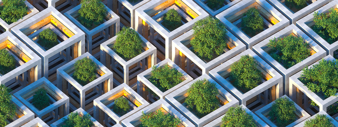 Abstract pattern of geometric architectural structures containing green trees.