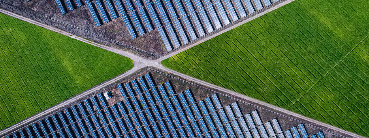 Aerial view of solar panels installed beside green agricultural fields, separated by intersecting dirt roads.